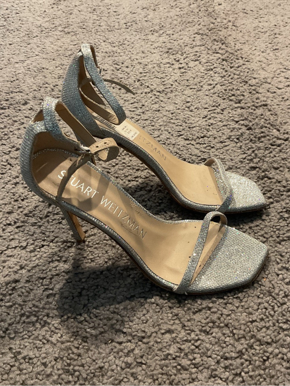 Stuart Weitzman Nudistcurve Crystal Silver Glitter Strappy High-Heel Sandals, 7